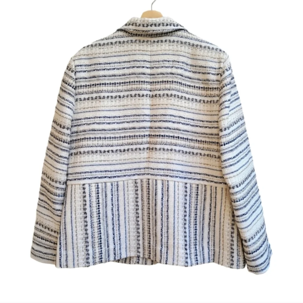 Chico's Cream and Black Striped Knit Zip Jacket